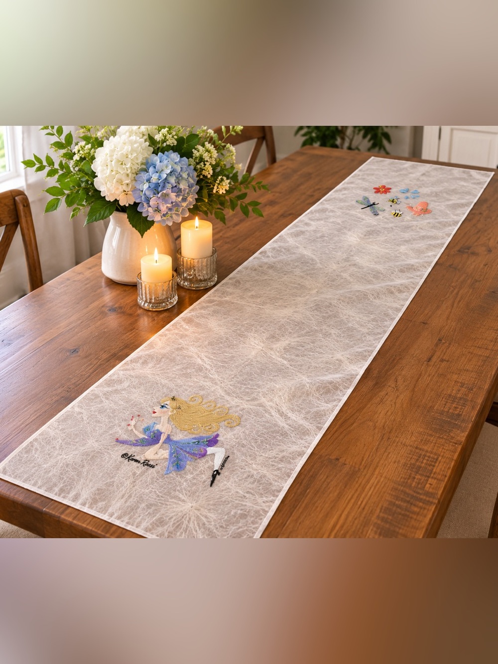 Karen Rossi Fanciful Flights Embroidered Sheer Table Runner 50”x10”